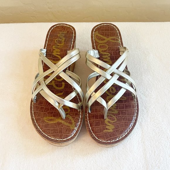 Sam Edelman Sandals 6 Reana Light Gold Strappy Cork Platform Wedge Heel Slides - Picture 2 of 11